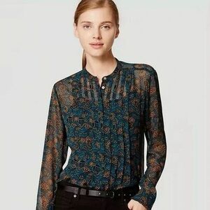 Loft teal dark floral sheer 1/2 button up long sleeve blouse office size small